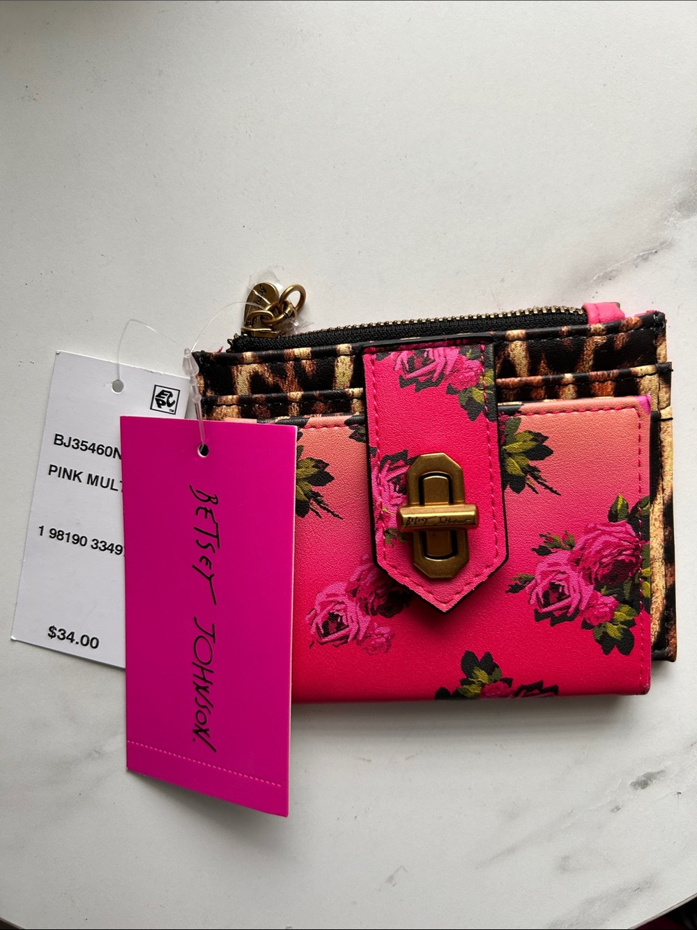 Betsey Johnson Hot Pink Floral & Leopard Trim Card Wallet with Turn-Lock